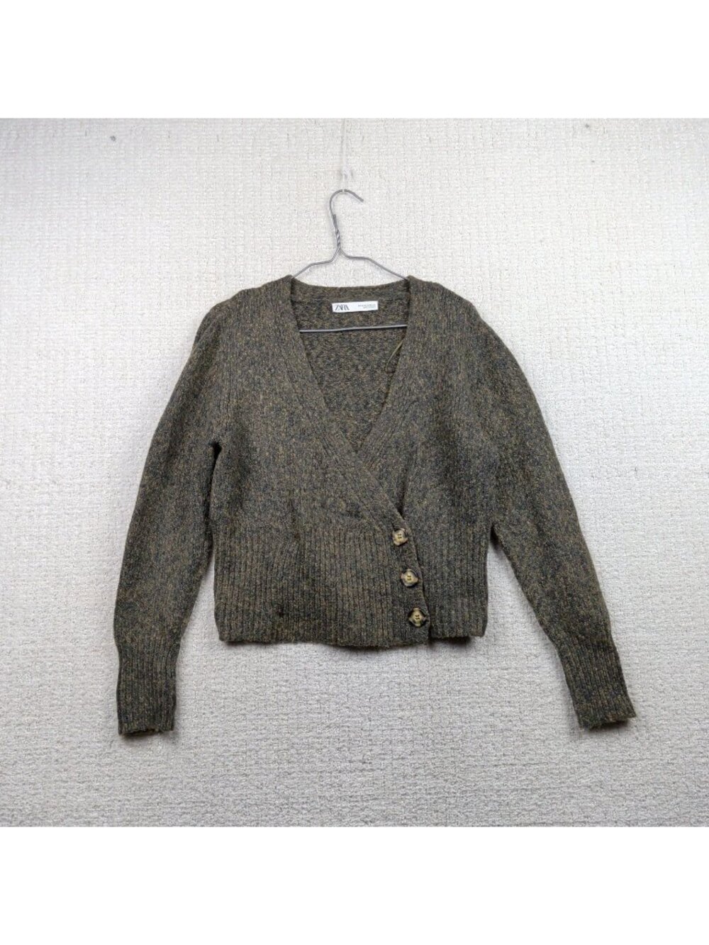 Zara Dark Olive Green Cropped Cardigan Wool Blend Sweater Wom M Preppy Academia